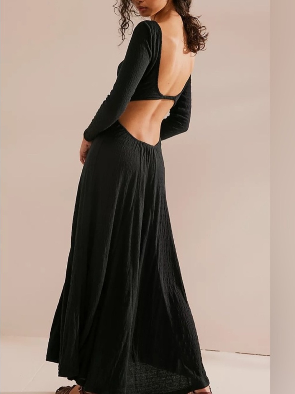 Free People Beach  Joya Black Long Sleeve Open-Back Maxi Dress